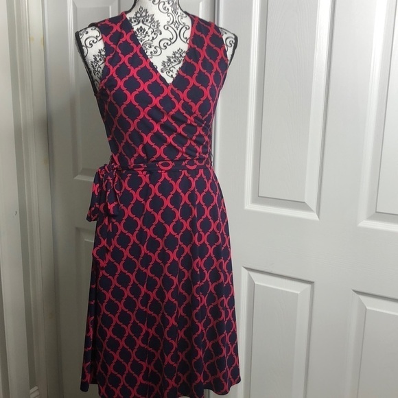 41 Hawthorn Dress Dark Blue Red Geometric Dress Layered Bust Tie Waist Lined S - Picture 1 of 7